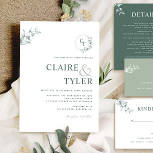 Invitación Elegante Monograma Moderno Verde de Boda