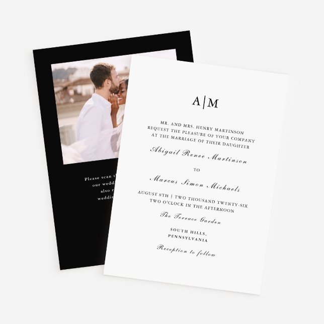 Invitación Elegante Monograma Negro QR Boda de fotografía Rsv (Subido por el creador)