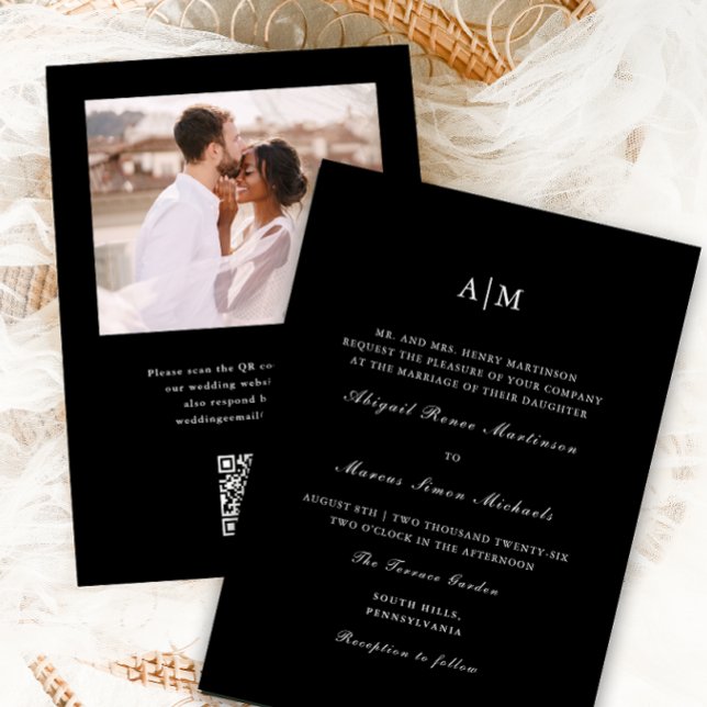 Invitación Elegante Monograma Negro QR Boda de fotografía Rsv (Subido por el creador)