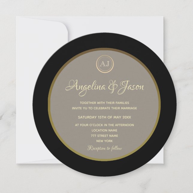 Invitación Elegante Monograma Negro y Boda de oro (Anverso)