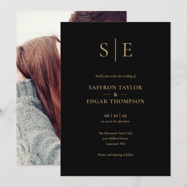Invitación Elegante Monograma Negro Y Oro Boda De Fotografía (Anverso / Reverso)