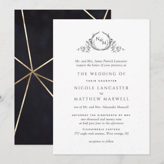 Invitación Elegante Monograma negro y oro Boda formal (Anverso / Reverso)