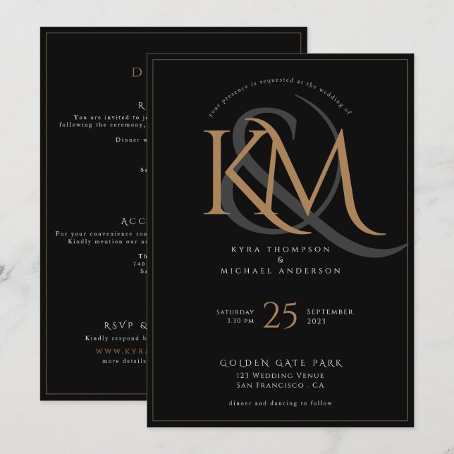 Invitación Elegante Monograma Negro y Oro Todo en un Boda (Anverso / Reverso)