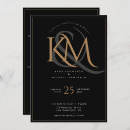 Invitación Elegante Monograma Negro y Oro Todo en un Boda