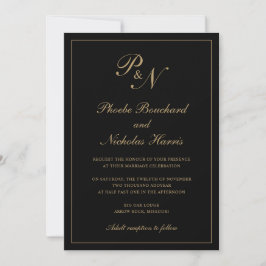 Invitación Elegante Monograma Negro y Oro Todo en un Boda