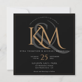Invitación Elegante Monograma Negro y Oro Todo en un Boda