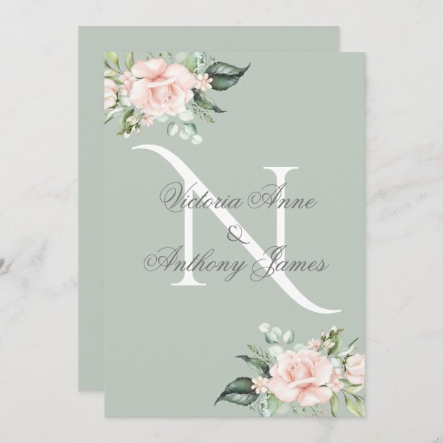 Invitación Elegante Monograma Primer Boda Verde de salvia flo (Anverso / Reverso)