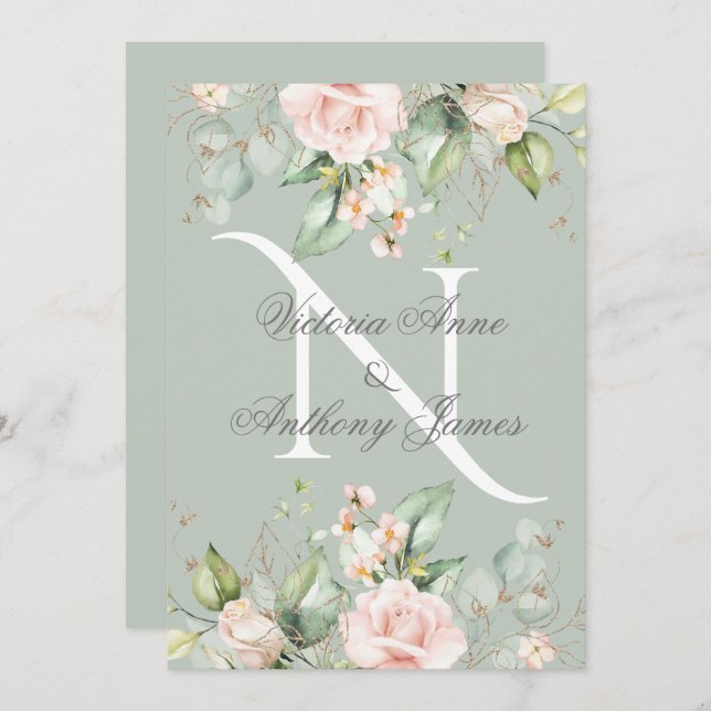 Invitación Elegante Monograma Primer Boda Verde de salvia flo (Anverso / Reverso)