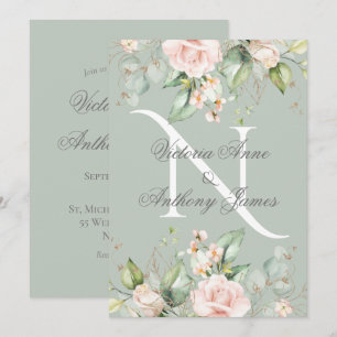 Invitación Elegante Monograma Primer Boda Verde de salvia flo
