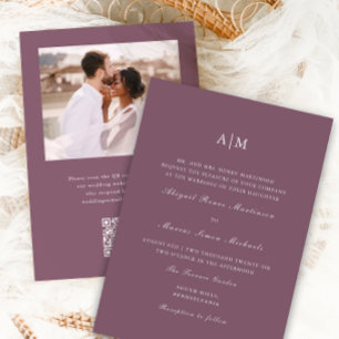 Invitación Elegante Monograma Púrpura QR Boda de fotografía R