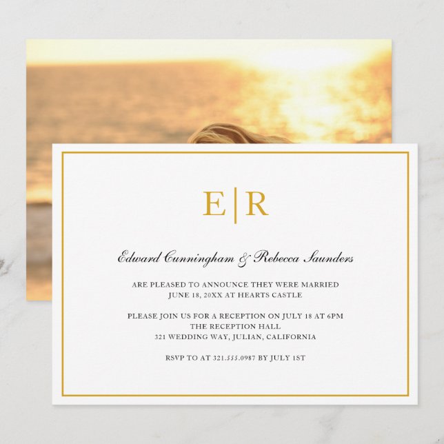 Invitación Elegante Monograma Recepción formal de Boda de Oro (Anverso / Reverso)