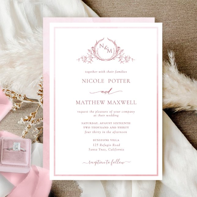 Invitación Elegante Monograma Rosa Polvoriento Boda De Acuare (Subido por el creador)