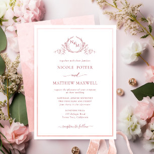 Invitación Elegante Monograma Rubor Boda de acuarela rosa Inv