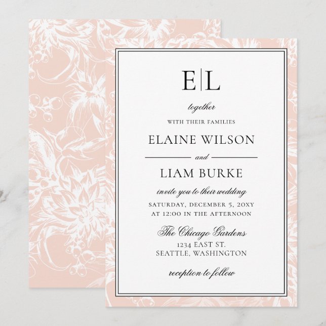 Invitación Elegante Monograma Rubor Boda Floral (Anverso / Reverso)