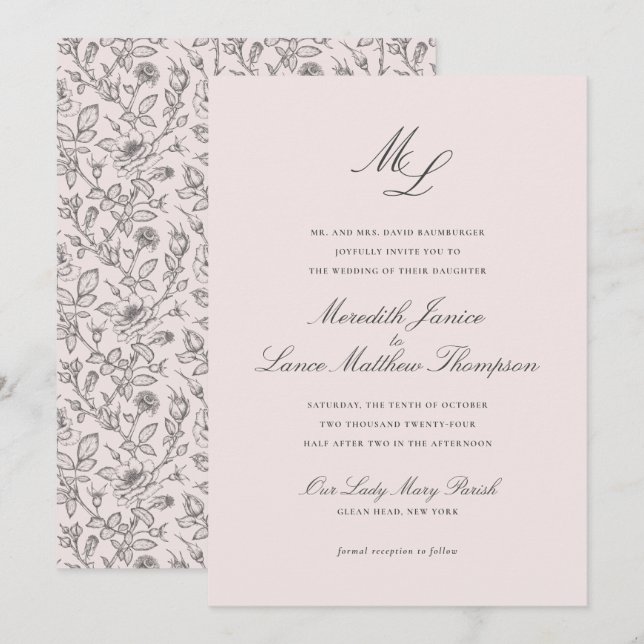 Invitación Elegante Monograma Rubor Floral Script Boda (Anverso / Reverso)