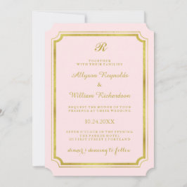 Invitación Elegante Monograma Rubor Rosa y Boda Faux Gold