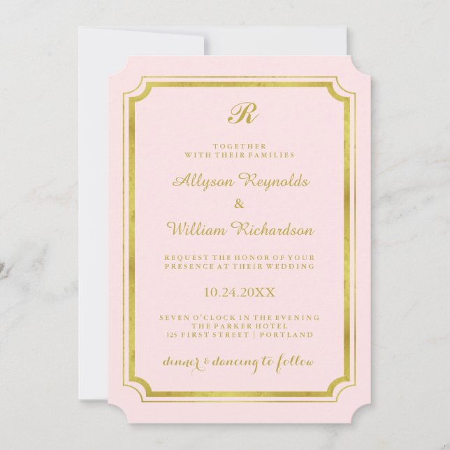 Invitación Elegante Monograma Rubor Rosa y Boda Faux Gold (Anverso)