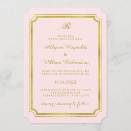 Invitación Elegante Monograma Rubor Rosa y Boda Faux Gold