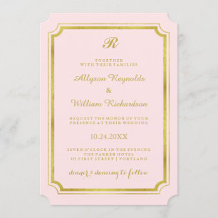Invitación Elegante Monograma Rubor Rosa y Boda Faux Gold