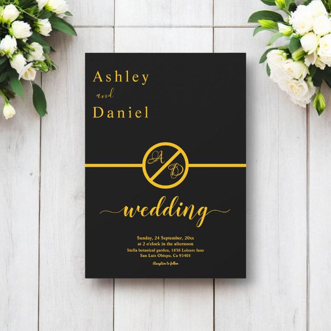 Invitación Elegante Monograma Sencillo Negro Y Oro Boda (Subido por el creador)