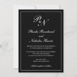 Invitación Elegante Monograma Tradicional Formal Boda Negro