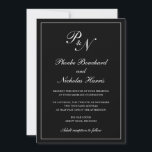 Invitación Elegante Monograma Tradicional Formal Boda Negro<br><div class="desc">Invitación a bodas negras de estilo tradicional con un diseño sencillo y clásico con su monograma inicial y sus nombres en una caligrafía elegante dentro de un delgado borde. Todos los elementos de diseño se pueden cambiar en la herramienta de edición de diseño. Estas elegantes invitaciones nupciales son perfectas para...</div>