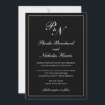 Invitación Elegante Monograma Tradicional Formal Boda Negro<br><div class="desc">Invitación a bodas negras de estilo tradicional con un diseño sencillo y clásico con su monograma inicial y sus nombres en una caligrafía elegante dentro de un delgado borde. Todos los elementos de diseño se pueden cambiar en la herramienta de edición de diseño. Estas elegantes invitaciones nupciales son perfectas para...</div>