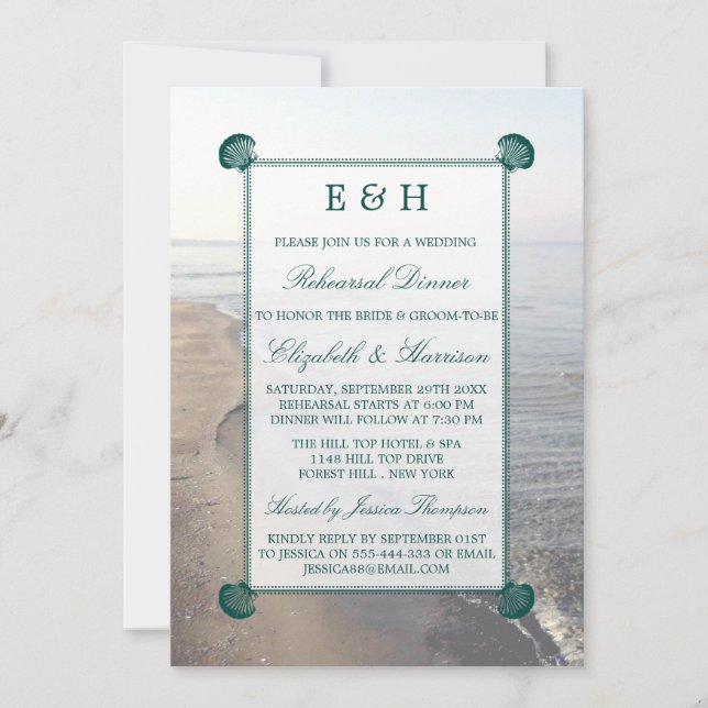 Invitación Elegante Monograma, Verde azulado ensayo de vieira (Anverso)