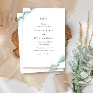 Invitación Elegante Monograma, Verde, Boda de acuarela sabia