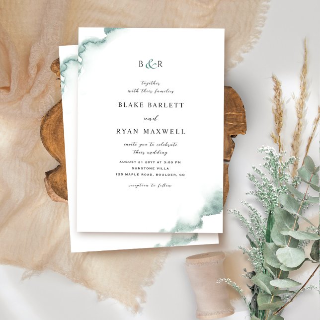 Invitación Elegante Monograma, Verde, Boda de acuarela sabia (Subido por el creador)
