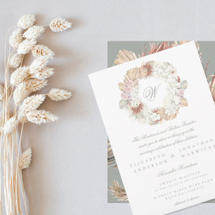 Invitación Elegante Monograma verde de Pampas Wreath Moss Sag