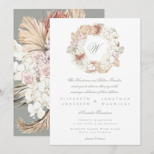 Invitación Elegante Monograma verde de Pampas Wreath Moss Sag
