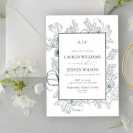 Invitación Elegante Monograma Verde Esmeralda Línea Floral Ar