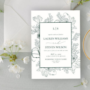 Invitación Elegante Monograma Verde Esmeralda Línea Floral Ar