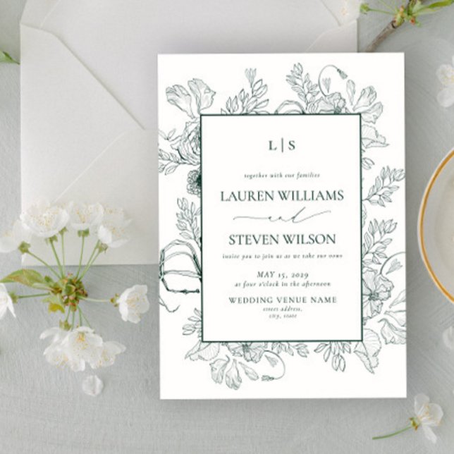 Invitación Elegante Monograma Verde Esmeralda Línea Floral Ar (Subido por el creador)