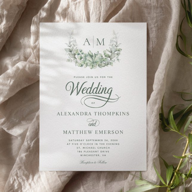 Invitación Elegante Monograma Verde Eucalyptus Sage Boda (Subido por el creador)