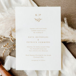 Invitación Elegante Monograma Verde Hojas Boda Sencilla