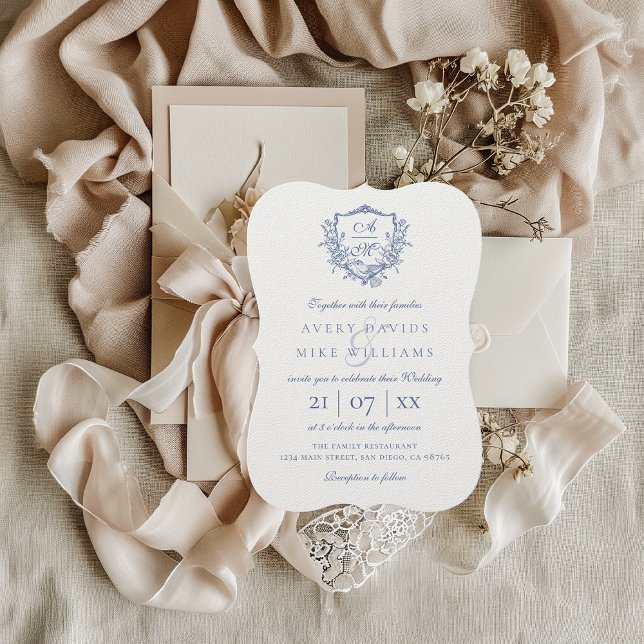 Invitación Elegante Monograma Vintage Boda azul turbio (Subido por el creador)