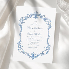 Invitación Elegante Monograma Vintage de Boda Azul Polvorient