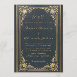 Invitación Elegante Monograma Vintage Dorado sobre Azul Marin