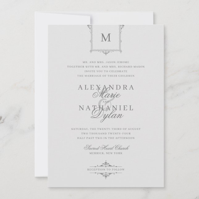 Invitación Elegante Monograma Vintage Gris y Boda Negro (Anverso)