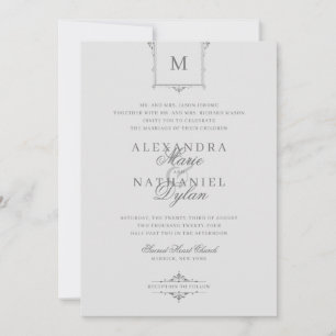 Invitación Elegante Monograma Vintage Gris y Boda Negro