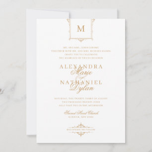 Invitación Elegante Monograma Vintage Oro y Boda Blanco