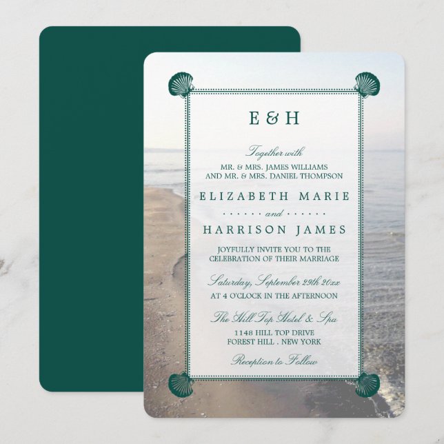 Invitación Elegante Monograma y Verde azulada boda de playa d (Anverso / Reverso)