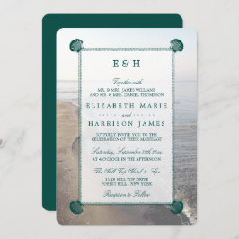 Invitación Elegante Monograma y Verde azulada boda de playa d