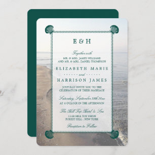 Invitación Elegante Monograma y Verde azulada boda de playa d
