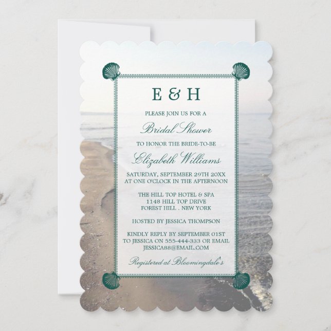 Invitación Elegante Monograma y Verde azulada ducha de novias (Anverso)