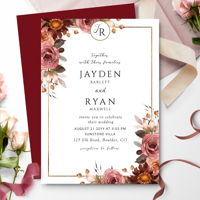 Invitación Elegante Monogramado Borgoña y Boda de Rubor (Subido por el creador)