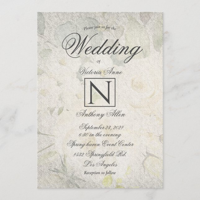 Invitación Elegante Monogrm Floral acuarela Rústica Boda I (Anverso)