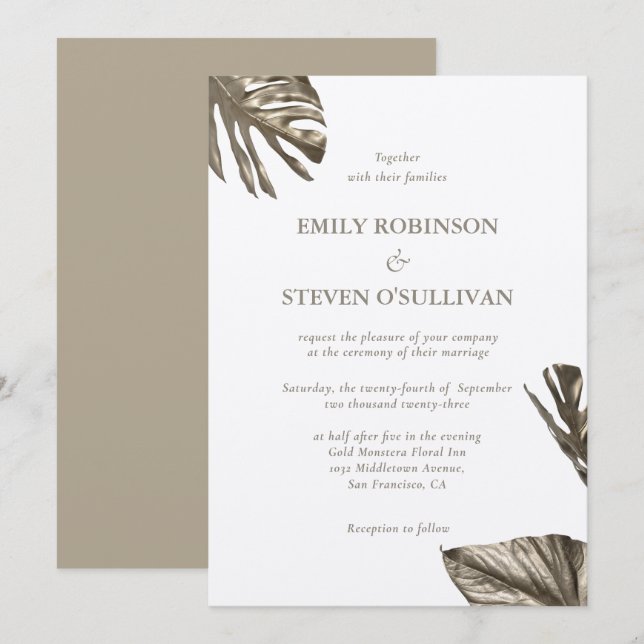 Invitación Elegante Monstera Botánica de Oro deja Boda (Anverso / Reverso)